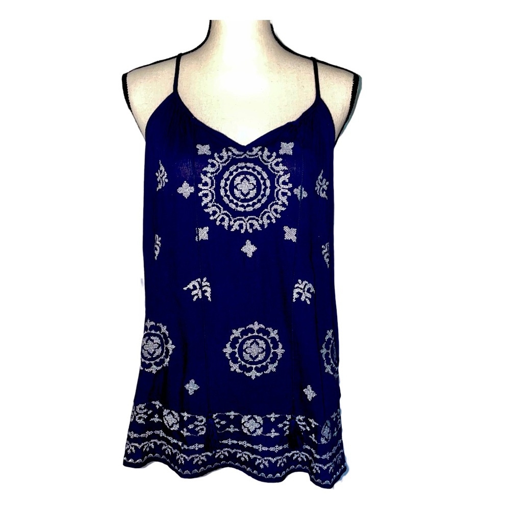 Solitaire Embroidered Tunic Tank Top Navy and Silver Size Medium